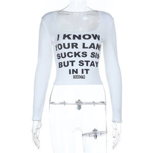 Kadın mektubu baskı kırpma üstleri kadın uzun kollu seksi kırpılmış üstleri bebek Tees - Product Image 5