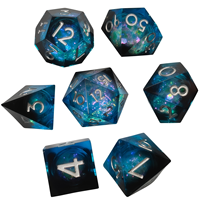 Ensemble de 7 dés en résine faits à la main à bords tranchants, avec cœur à paillettes liquides et sable mobile, dés polyédriques DND pour jeux de société, vente en gros
