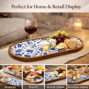Vassoio da portata ovale in legno di acacia certificato FSC 2026, stoviglie per la casa, piatti floreali blu per caffè e dessert, nuovi accessori da <span class=keywords><strong>cucina</strong></span> - Product Image 3