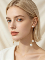 Anting-Anting Mutiara Imitasi Bulat Rantai Tipis Panjang, Membentuk Wajah Lebih Ramping, Elegan, Feminin, Cocok untuk Kantor, Serbaguna, Perhiasan Telinga Wanita