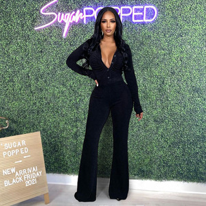 Solid Color V-neck Shirt Long Sleeve Wide Leg Pants <strong>Velour</strong> Tracksuits 2 Piece Flare Bottom <strong>Trousers</strong> Women's Suits Two Piece Set - Product Image 2