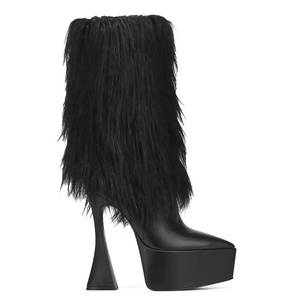 Botines de Tacón Alto con Peluche Negro, Moda 2023, Botas de Media Pierna para Mujer, Punta Puntiaguda, Plataforma Gruesa - Product Image 6