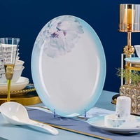 Service de table en porcelaine élégant bleu dégradé à motifs floraux, motif pivoine peint à la main, bord doux, bols et assiettes en céramique de luxe pour