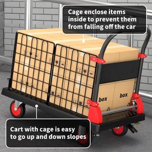 2 In 1 Opvouwbare Platform Trolley Met Gesloten Kooi Zware Opvouwbare Flatbed Dolly Kar Handwagen Met Kooien Voor Watervat - Product Image 6