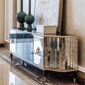 Unità di intrattenimento <span class=keywords><strong>in</strong></span> legno di lusso a 4 porte su misura mediorientale villa <span class=keywords><strong>TV</strong></span> supporto vetro specchio accenti Vintage retrò <span class=keywords><strong>TV</strong></span> - Product Image 2