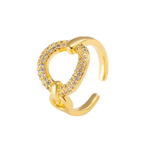 Anel de dedo dourado 18k, venda quente, aço inoxidável, banhado a ouro, grande índice, ajustável, anel de abertura, cristal, círculo, anéis de dedo