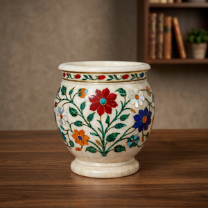 Pot de fleurs décoratif en pierre, fait main, style Art déco, avec incrustation de marbre blanc, motif nature morte, écologique, à poser au sol, pour anniversaire - Product Image 3