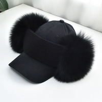 Bandeau d'hiver à pompon en fourrure de renard véritable pour femmes, chaud, nouveau style, large et moelleux, avec baseball