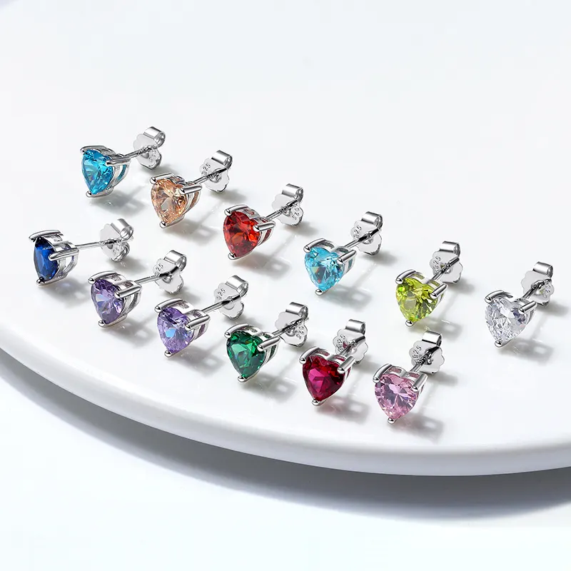 RINNTIN APE32 2022 Fashion Jewelry Crystal Gemstone Heart Earrings Zircon Birthstone 925 Sterling Silver Earrings For Women