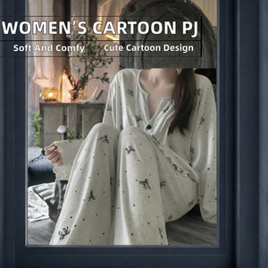 Conjunto de pijama acanalado para mujer, de manga larga, ropa de descanso con botones frontales, estampado de lunares y lazo, ropa de casa de longitud completa - Product Image 2