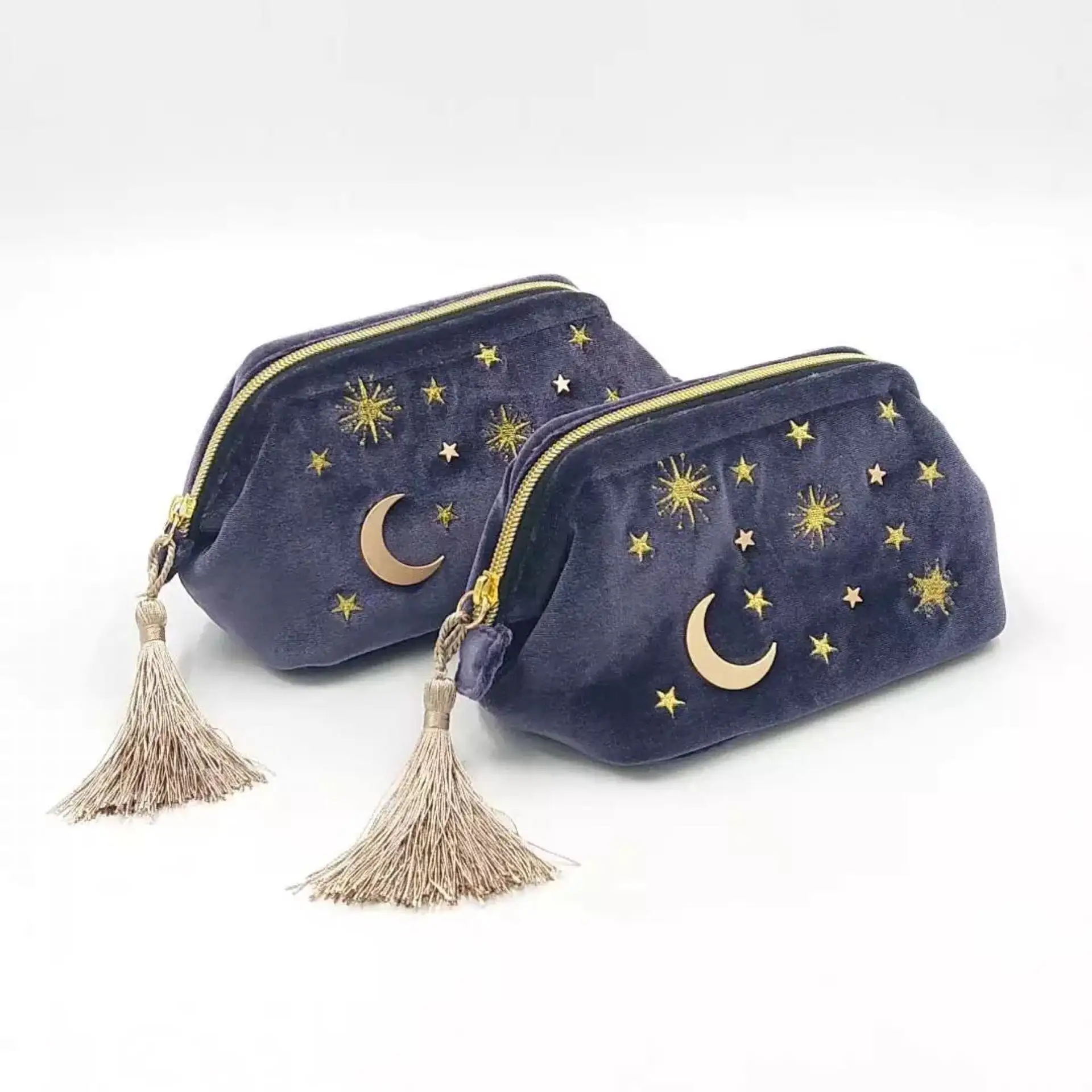 बहु प्रयोजन पोर्टेबल चंद्रमा सितारा सूरज कशीदाकारी आलीशान मखमल मेकअप बैग महिलाओं लड़कियों के लिए लटकन के साथ यात्रा मेकअप पाउच