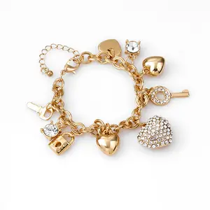 Gioielli economici design personalizzato ciondolo cuore braccialetto di diamanti lusso argento oro chiave e blocco bracciali e braccialetti da donna in vendita