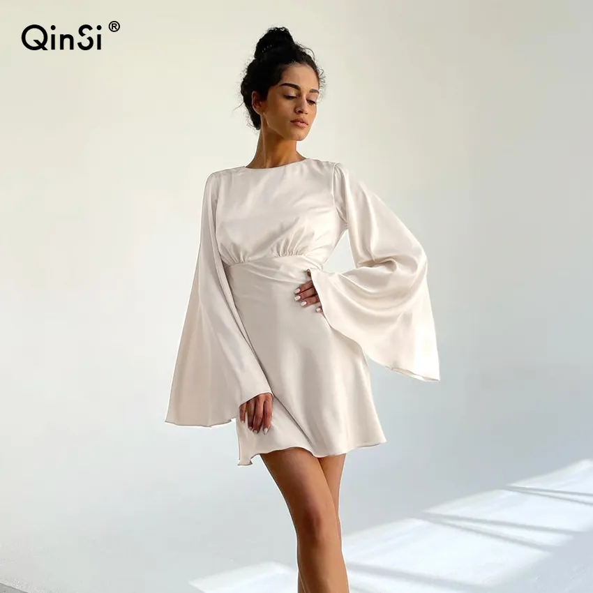 QINSI 2022 Fashion Solid Evening Mini Dresses High Waist O-Neck Slim Party Dress Flare Sleeve Elegant Satin Zimmer Dress