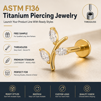 JiaXin ASTM-F136 G23 Titanio Push Pin Sin Rosca para Labret, Medusa, Forward Helix, Lobe, Flor, Circonita Cúbica, Joyería Corporal 16G