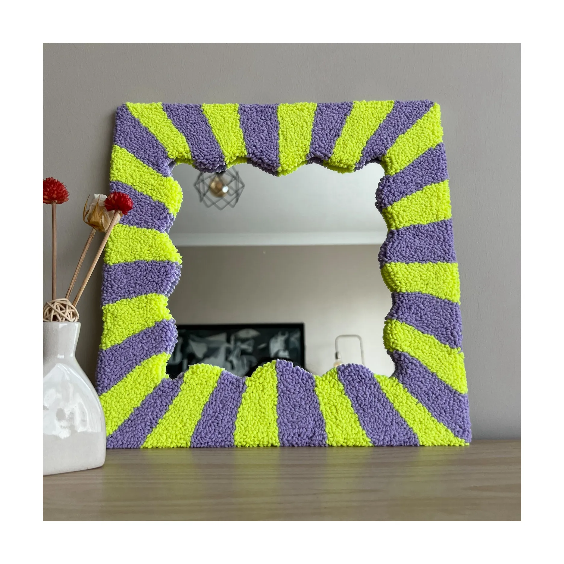 Cermin wajah kuning ungu desain dekoratif rumah cermin rias persegi berumbai buatan tangan