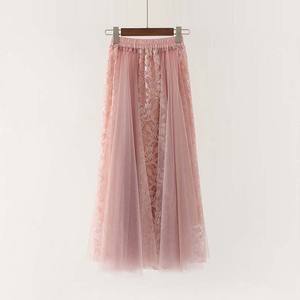 꽃 자수 A 라인 투투 레이스 메쉬 스커트 여성 우아한 얇은 명주 그물 롱 플리츠 스커트 여성 미디 스커트 여름 - Product Image 5