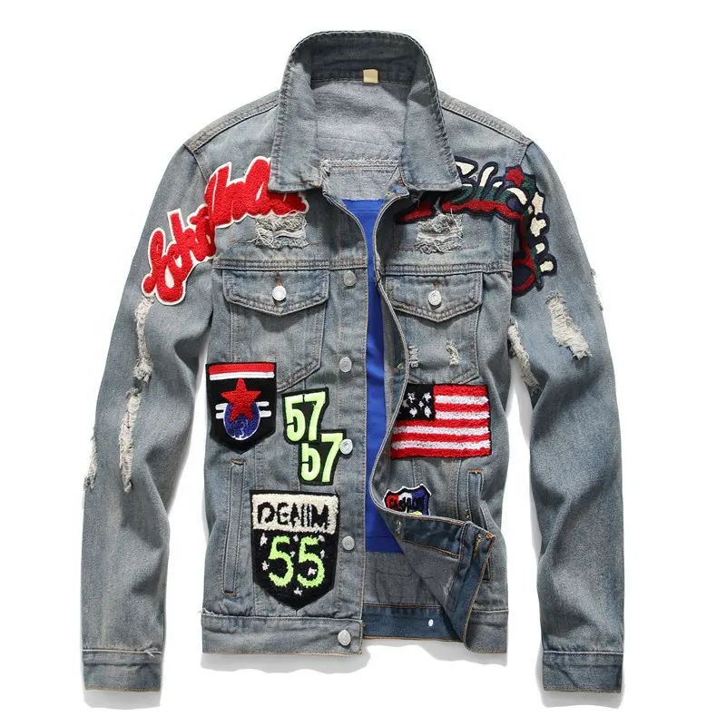 Brand design hip hop streetwear denim fancy patch ricamo giacca di jeans strappata per uomo