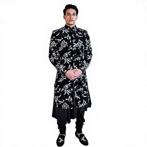 Robe Sherwani tendance grande taille en tissu brocart avec broderie Zardozi dorée, chaussures de mariage respirantes, costume pour homme - Product Image 3