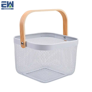 Hộ gia đình kim loại lưới lưu trữ hàng hóa giỏ với tay cầm bằng gỗ - Product Image 5
