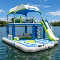 Île flottante gonflable haut de gamme pour lac avec comptoir de bar, canapé lounge et auvent d'ombrage pour les loisirs en famille, la plage et les centres de villégiature