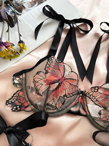 Wholesale Butterfly Embroidery Lace Lingerie Set Sheer Mesh Underwire <b>Bra</b> and Tie <b>Straps</b> Thong Panties Set Sexy Womens Intimates - Product Image 5