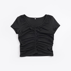 Camiseta Corta Ajustada con Aberturas y Botones de Cuentas Estilo Americano, de Moda, Color Sólido, Favorecedora - Product Image 6