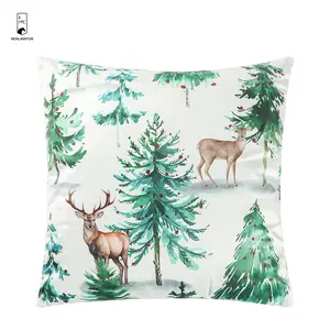 2024 Christmas Tree Elk Printed Velvet Decorative Cushion Cover Forest Pillow Case For Xmas Holiday