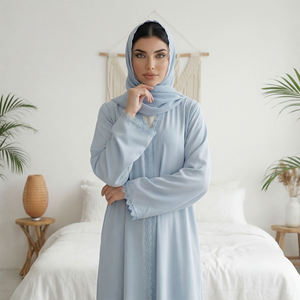 Robe en tissu Nida avec <span class=keywords><strong>dentelle</strong></span> florale 2026 pour femmes musulmanes, cardigan ouvert sur le devant avec foulard intégré – Vente en gros - Product Image 5