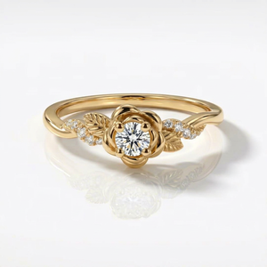 Bague en or pour femme avec diamant, bague de fiançailles florale, diamant taille ronde, design feuille, bijoux fins - Product Image 1