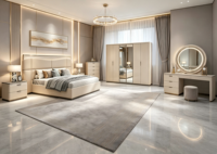 Ensemble complet de meubles de chambre de luxe français pour villa : lit plateforme en bois clair avec base dorée, armoire miroir, commode LED et tiroirs