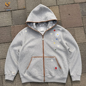 Sudadera con capucha personalizada de algodón de alta calidad con bordado floral, estilo streetwear oversize, Y2K, para hombre, color gris, con cierre de cremallera. - Product Image 1