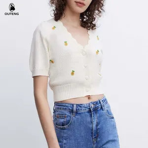Custom knitted cute pineapple pattern decoration knit top mesh knit crop top V-neck ladies cardigan