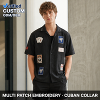Chemise à manches courtes noire patchwork OEM personnalisée pour hommes, col cubain décontracté, motif vintage, streetwear d'été
