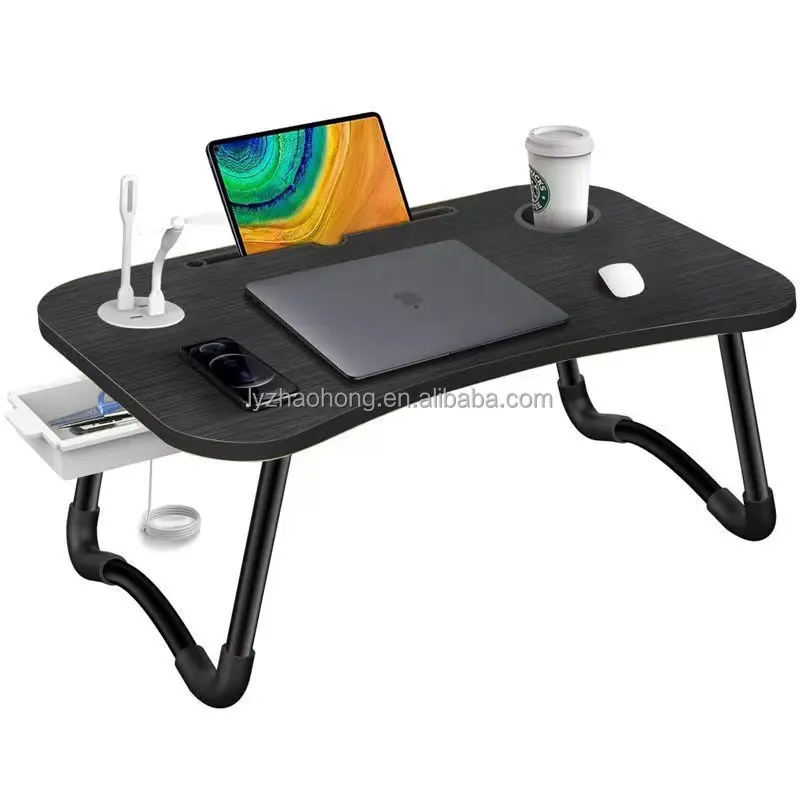 Mesa portátil plegable para ordenador, soporte para cama, escritorio de estudio con ventilador USB y luz de lectura