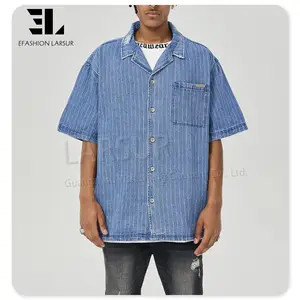 लारसूर कस्टम वस्त्र निर्माता पुरुषों के लिए वॉश स्ट्राइप जेकक्वार्ड डेनिम छोटी आस्तीन वाली शर्ट जींस जैकेट कॉटन टवील शर्ट