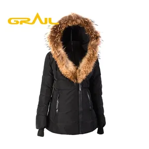 Hot Product Plain Geverfd Lange Vrouwen Down Eend Jas Parka Met Bruine Bontkraag Warme Jassen Met Afneembare Capuchon