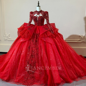 Xs310 Stunning <b>Red</b> Modern Quinceanera Ball Gown Sweetheart Lace Beaded Long Sleeve <b>Glitter</b> Tulle Chapel Train Formal Party - Product Image 2