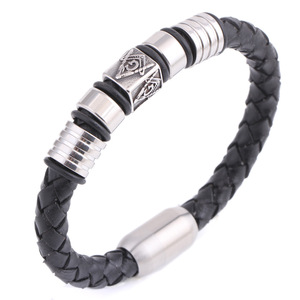 Trendy Vintage Stainless Steel Men's <b>Leather</b> Braided <b>Bracelet</b> Features Masonic Symbolism Religious Motif - Product Image 5