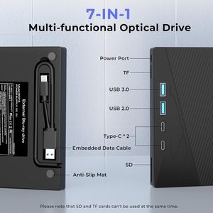 Lecteur de DVD/<span class=keywords><strong>CD</strong></span> externe USB3.0 Type-C 7-en-1 - Lecteur de cartes SD/TF intégré - Hub USB - Graveur/lecteur pour Windows, Linux, ordinateur portable, ordinateur de bureau - Product Image 3