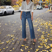 Jean ample pour femme, coupe droite, taille haute, jambe large, en denim extensible, bleu lavable, taille 10