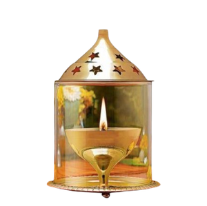 Medium <b>Brass</b> Jyoti Diya Elegant Traditional Indian Festive <b>Lantern</b> with Glass Cover for Home Pooja Rooms Decorations - Product Image 1