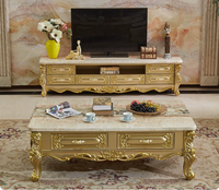 Mesa de Centro de Madera Maciza Clásica Europea de Lujo con Superficie de Madera y Mármol para Muebles de Sala de Estar, Duradera y Compatible con Televisores de 65 Pulgadas