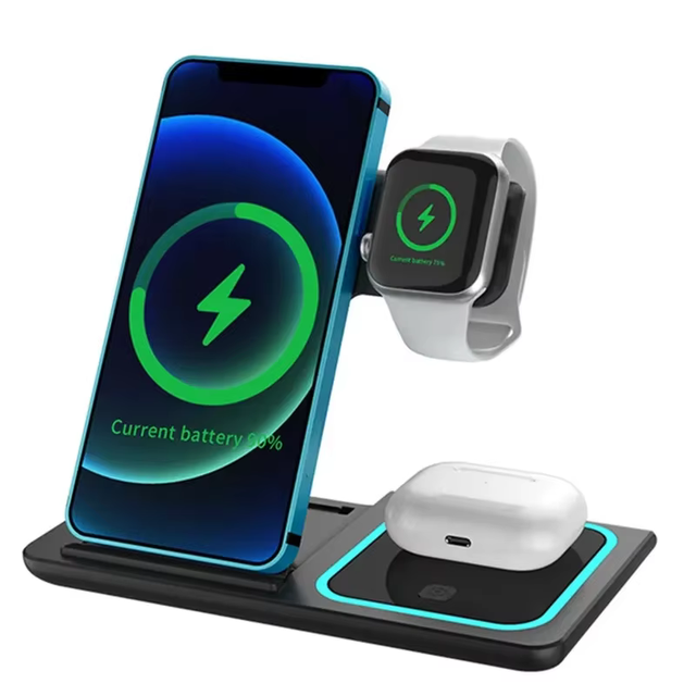 3 in 1 Magnetic Wireless Charger Stand Holder Foldable Charging Station for iPhone Watch Earphone Charging Dock with Light