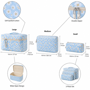 3 Piece Quilted Makeup Bag Set 10.6 Inch Floral Print Cosmetic Double Zipper Top Handle Travel Toiletry Women Gift <b>Suitcase</b> Pack - Product Image 2