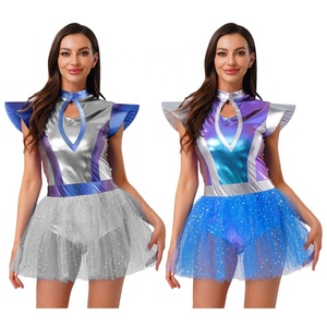 Costume Alien Spatial Métallique pour Femme, Combinaison Bodysuit avec Jupe Tutu, Épaulettes, Découpe en Goutte d'Eau, Iridescent, pour Spectacles de Scène, Tenue de Danse Personnalisée - Product Image 1