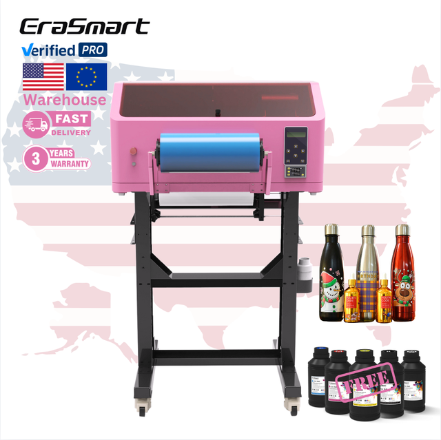Erasmart Pink A3 UV DTF Printer Dual Head Automatic Inkjet Varnish Ink Available UV Flatbed Printer for Label Printing