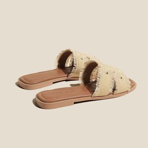 Summer French Style Women's Genuine Leather Denim Flat <b>Slide</b> Sandals Outdoor Half <b>Slippers</b> Casual Mules - Product Image 4
