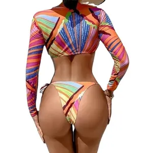 2021 Của Phụ Nữ 3 Cái Áo Tắm Dài Tay Sexy Tie Dye Chia Áo Tắm Với Head Tie Thong Bikini 3 Cái Đồ Bơi