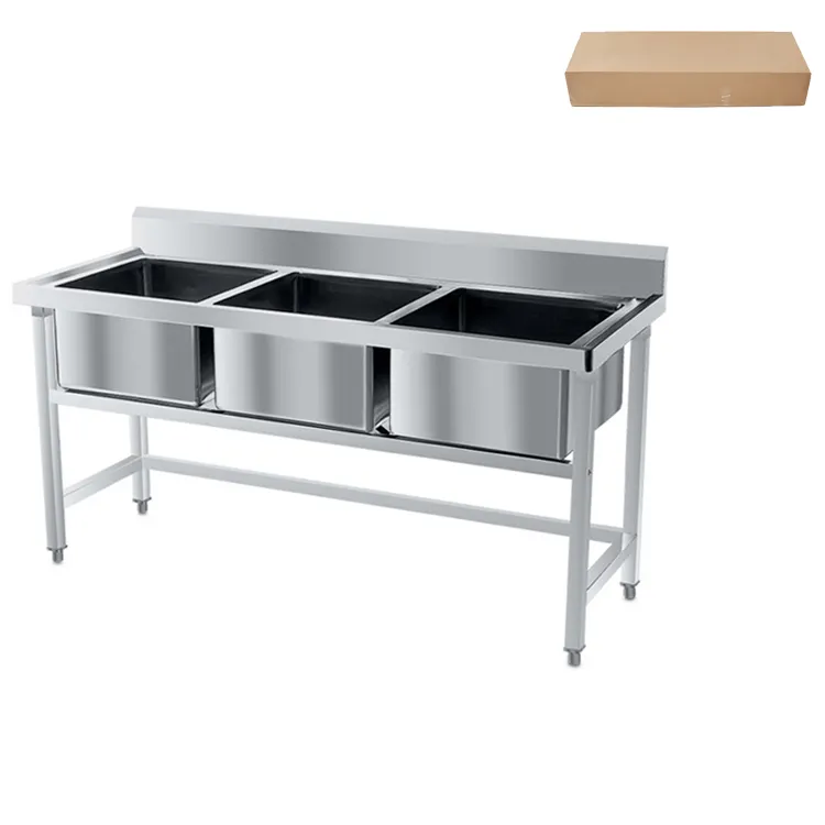 Commercial Portable Metal 304 Stainless Steel Wash Basin Handmade 3 Compartment Kitchen Stand Alone Sinks