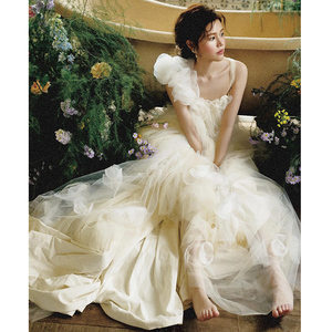 French Style Light Wedding Dress Champagne Tulle Ball Gown Empire Waist Halter Neckline Vintage 3D Patterns Photo Shoot Bridal - Product Image 1